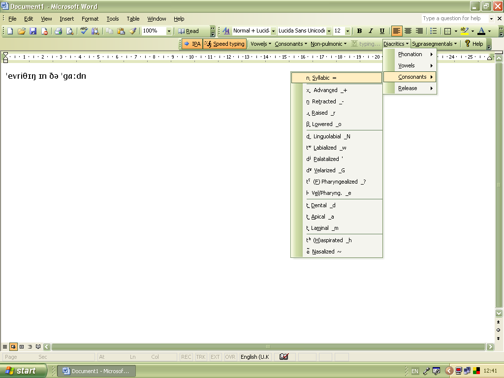 SAMPAType diacritics menu